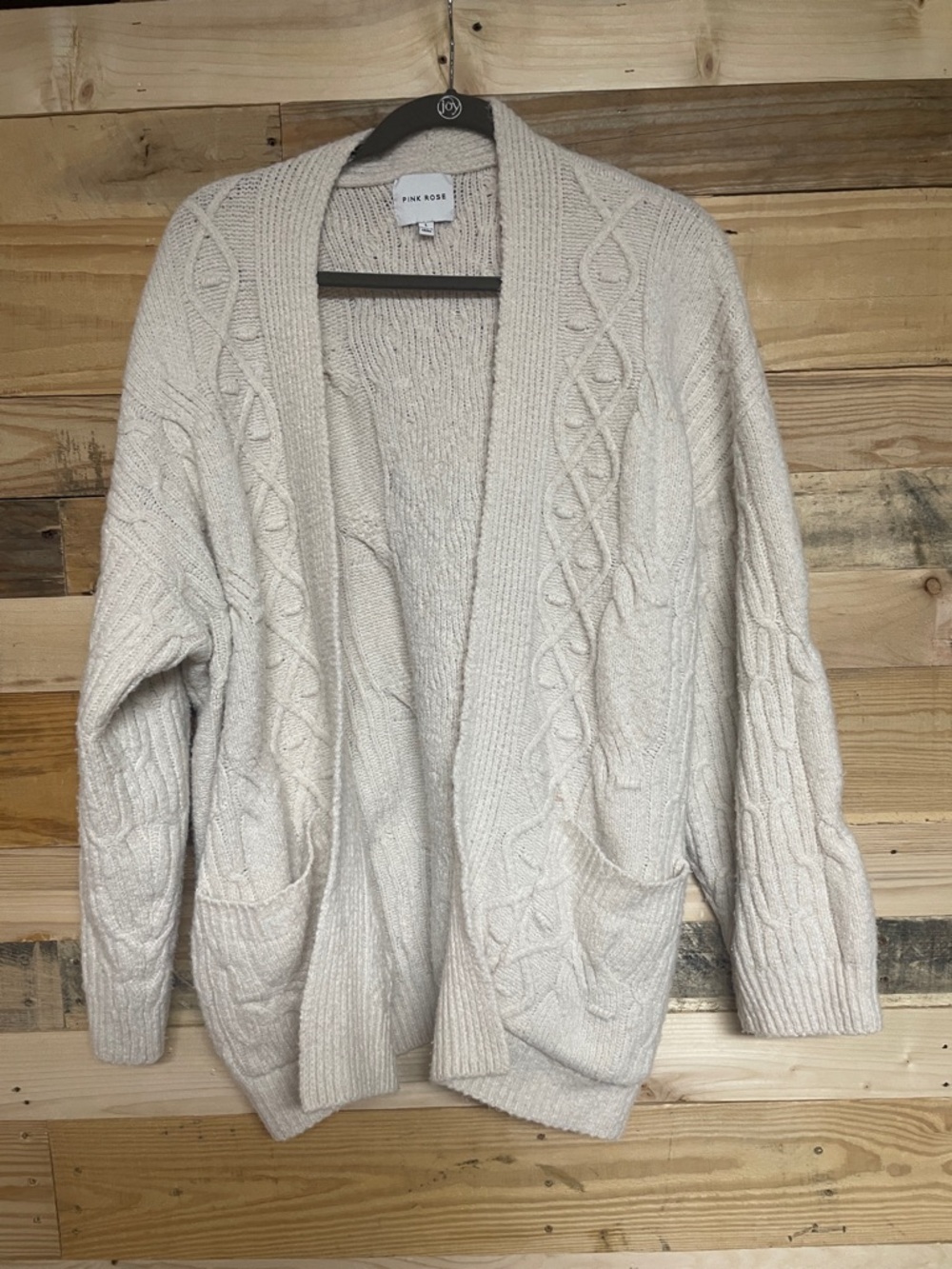 Pink Rose size Large Neutral Cream Soft Oversized Cable Knit Open-Front Cardigan